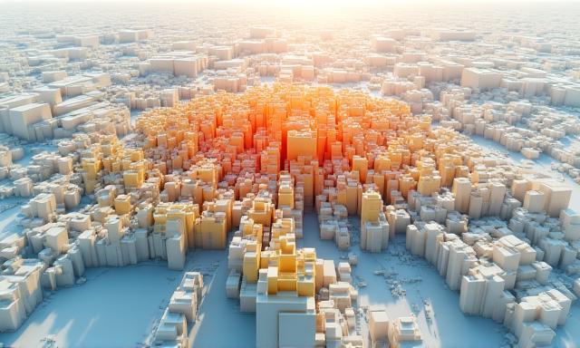 Vista aerea di una città moderna con sovrapposizioni di dati digitali